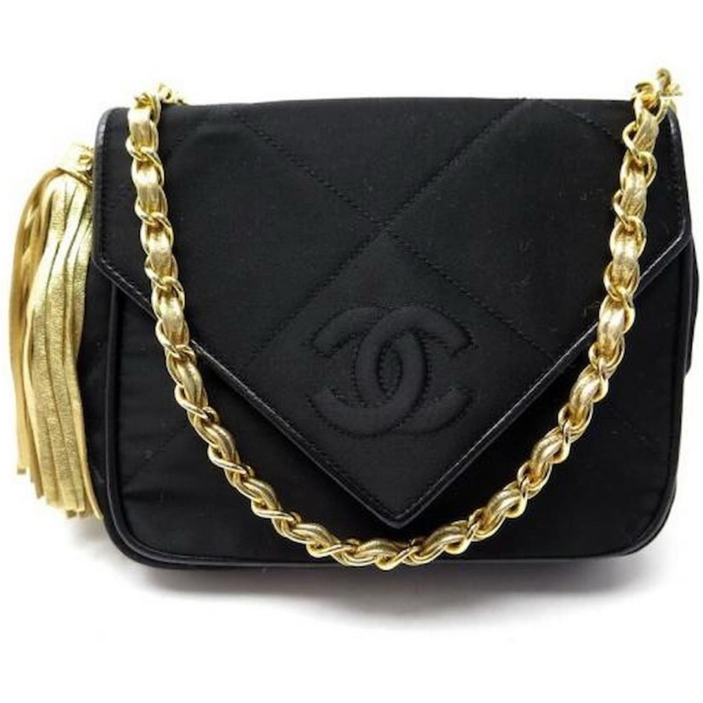 Rare CHANEL Vintage CC Satin Black & Gold Tassel Crossbody bag Gold hardware